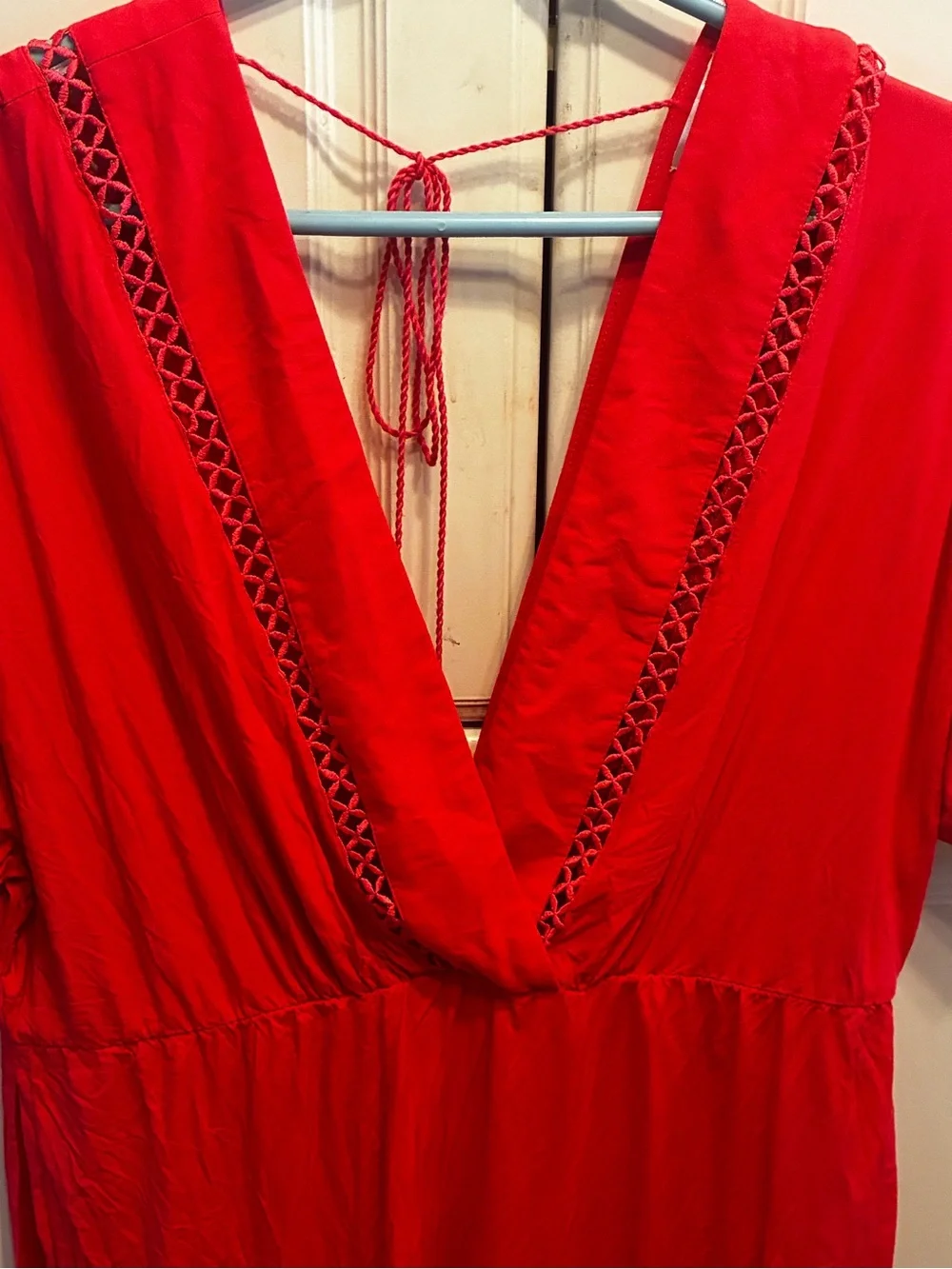 Venus Woman’s Red Deep V Short Sleeve Coverup with Lace Trim, Size: L